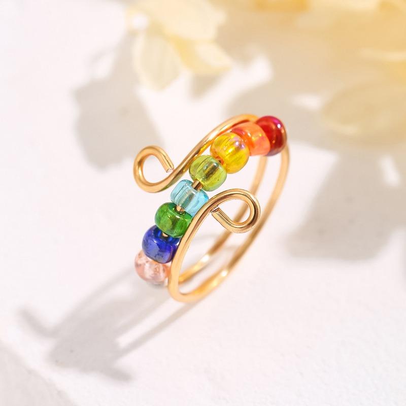 Cute Bohemian Rainbow Beads Relieve Anxiety Ring Rotate Anti Stress Fidget Spinner Rings For Women Men Fashion Jewelry Girl Gift