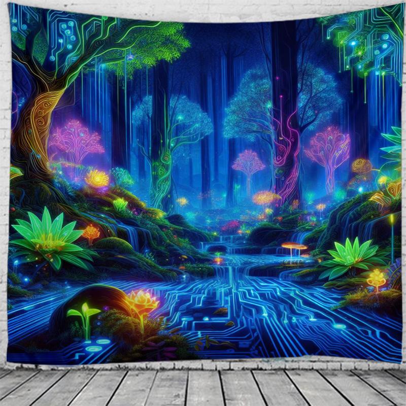 Cyber Forest Wall Tapestry Neon Nature Art Digital Circuit Design Sci Fi Landscape Boho Decor For Living Room And Study