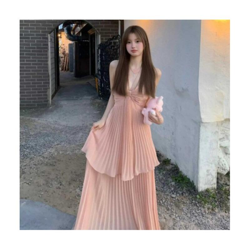 French Sweet and Spicy Sexy Neck Suspender Dress Muse Fan Temperament Superior Seaside Holiday Long Dress Summer Dress S розовый