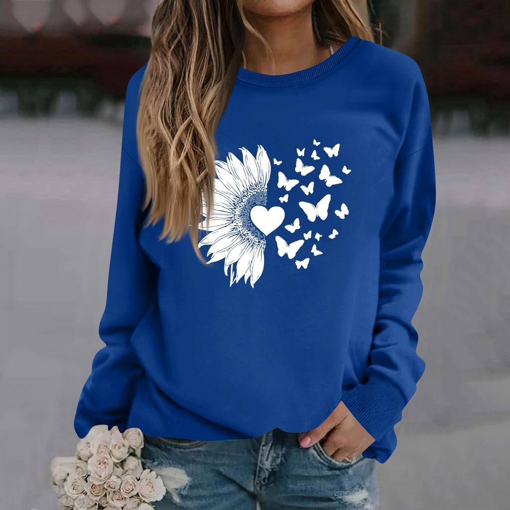 Damenmode Lässig Langarm Einfarbig Bedruckt Rundhals Oberteil Sweatshirt