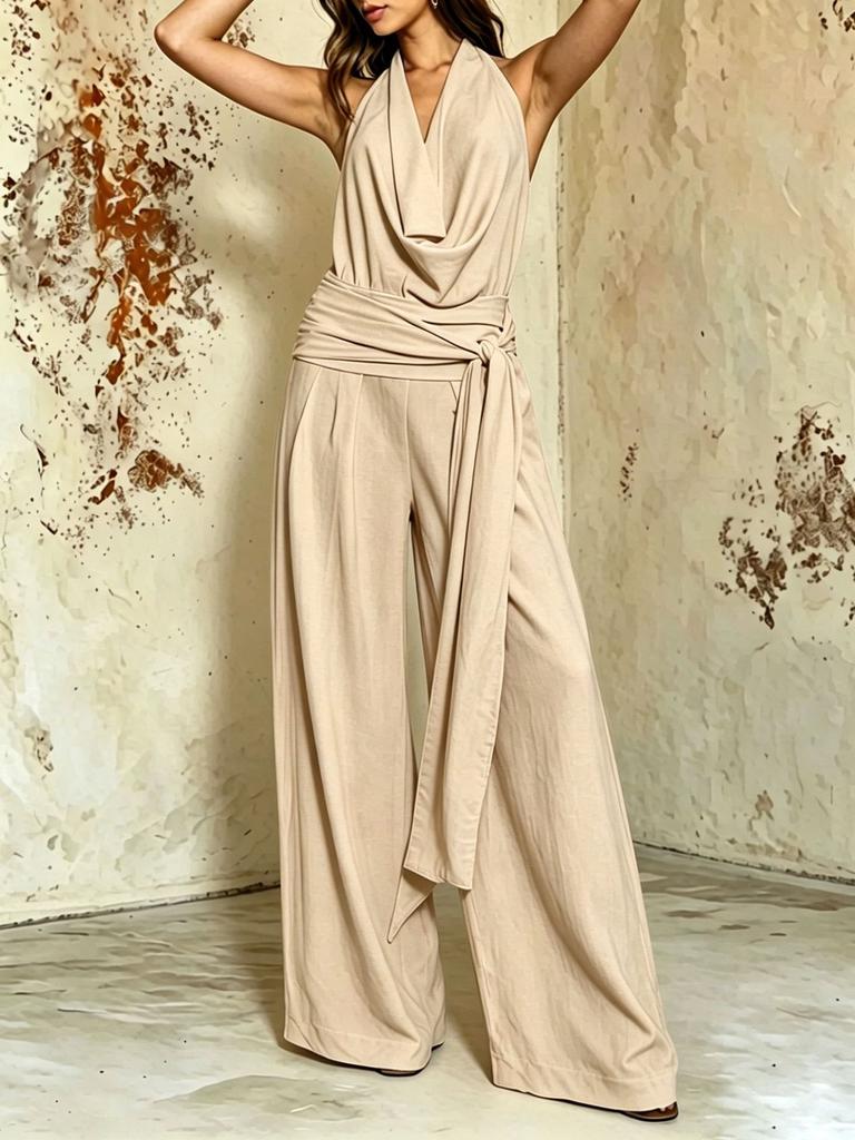 Combinaison à col halter pour femme Pantalon large Couleur unie Décontracté Sans manches Dos nu Romper Élégant Blanc