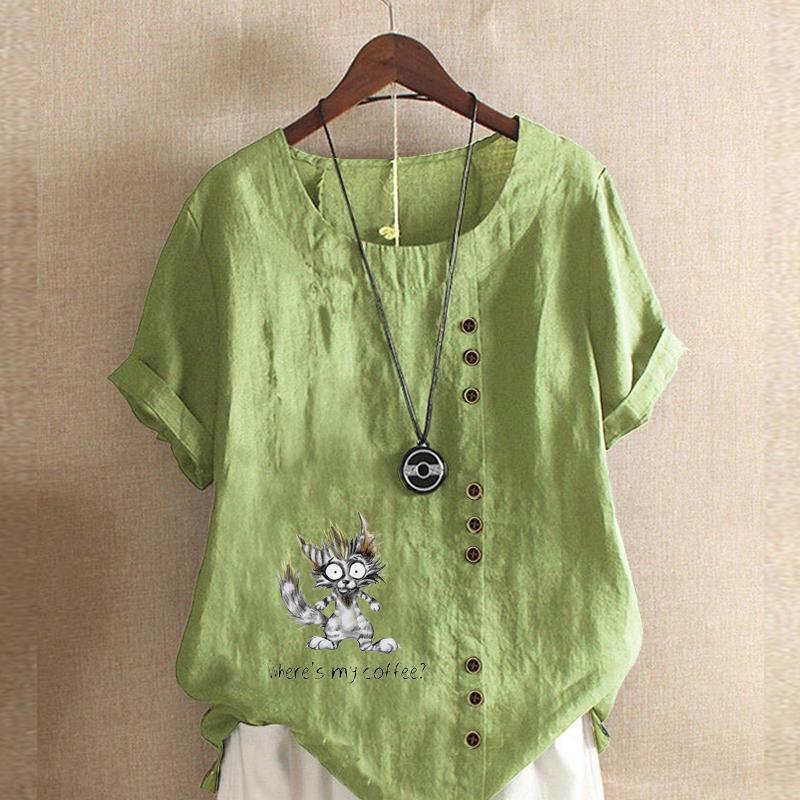 Women's Fashion Cartoon Cat Prined Short Sleeve T-shirt Loose Cotton Shirt Casual Loose Summer Blouse Tops Plus Size