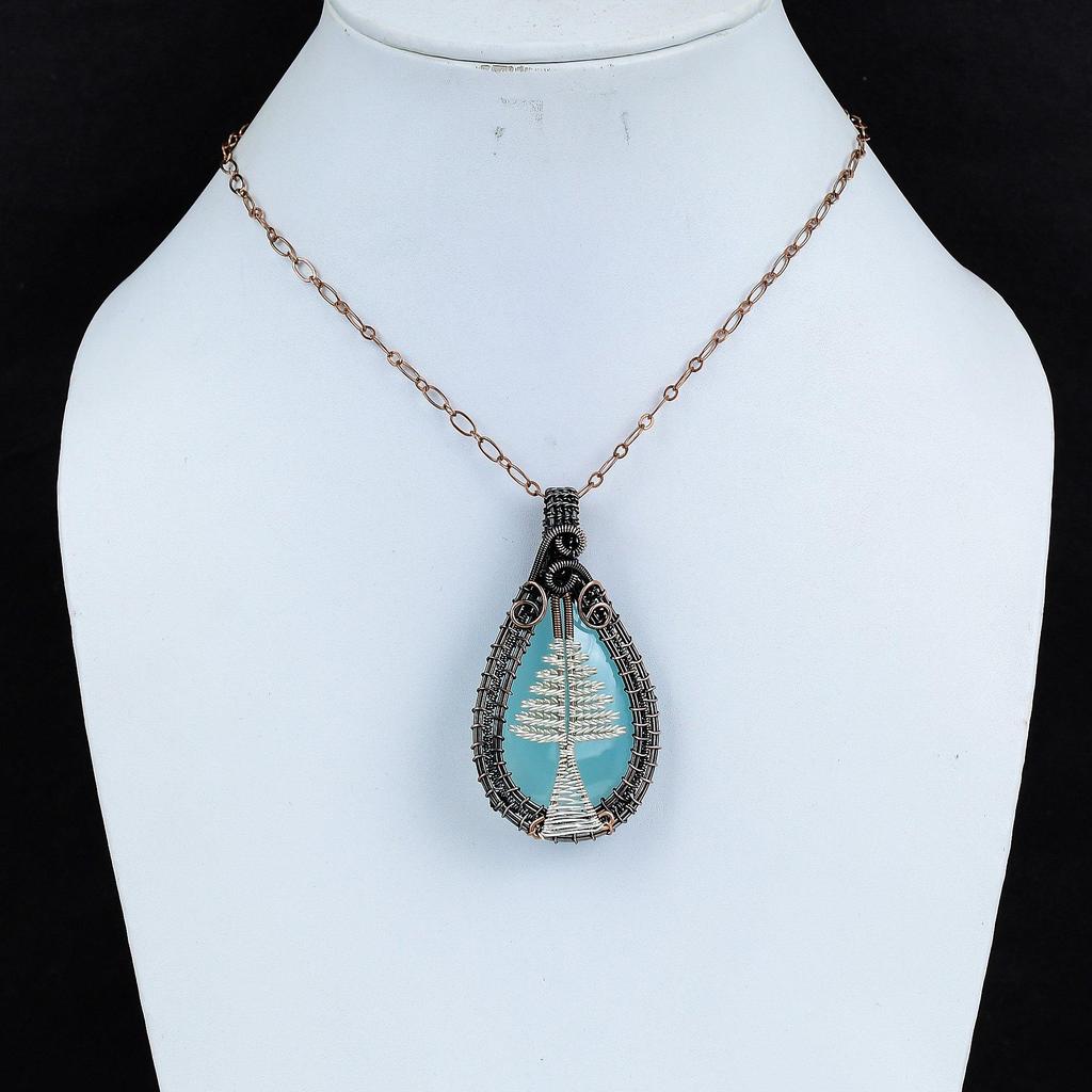 Aqua Chalcedony 999 Copper Wire Wrapped Pendant, Handmade Gemstone Tree Of Life Pendant Jewelry, Gifts For Wife Brand New Pendant