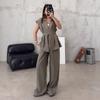 Women's Short Sleeve Belted Blazer and Wide Leg Pants Suit Set Black Casual Outfit