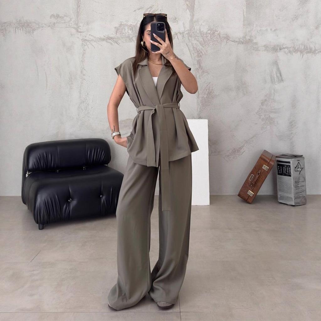 Women's Short Sleeve Belted Blazer and Wide Leg Pants Suit Set Black Casual Outfit