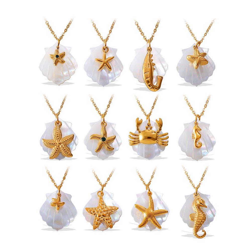 Starfish & Seahorse Stainless Steel Necklace with White Shell