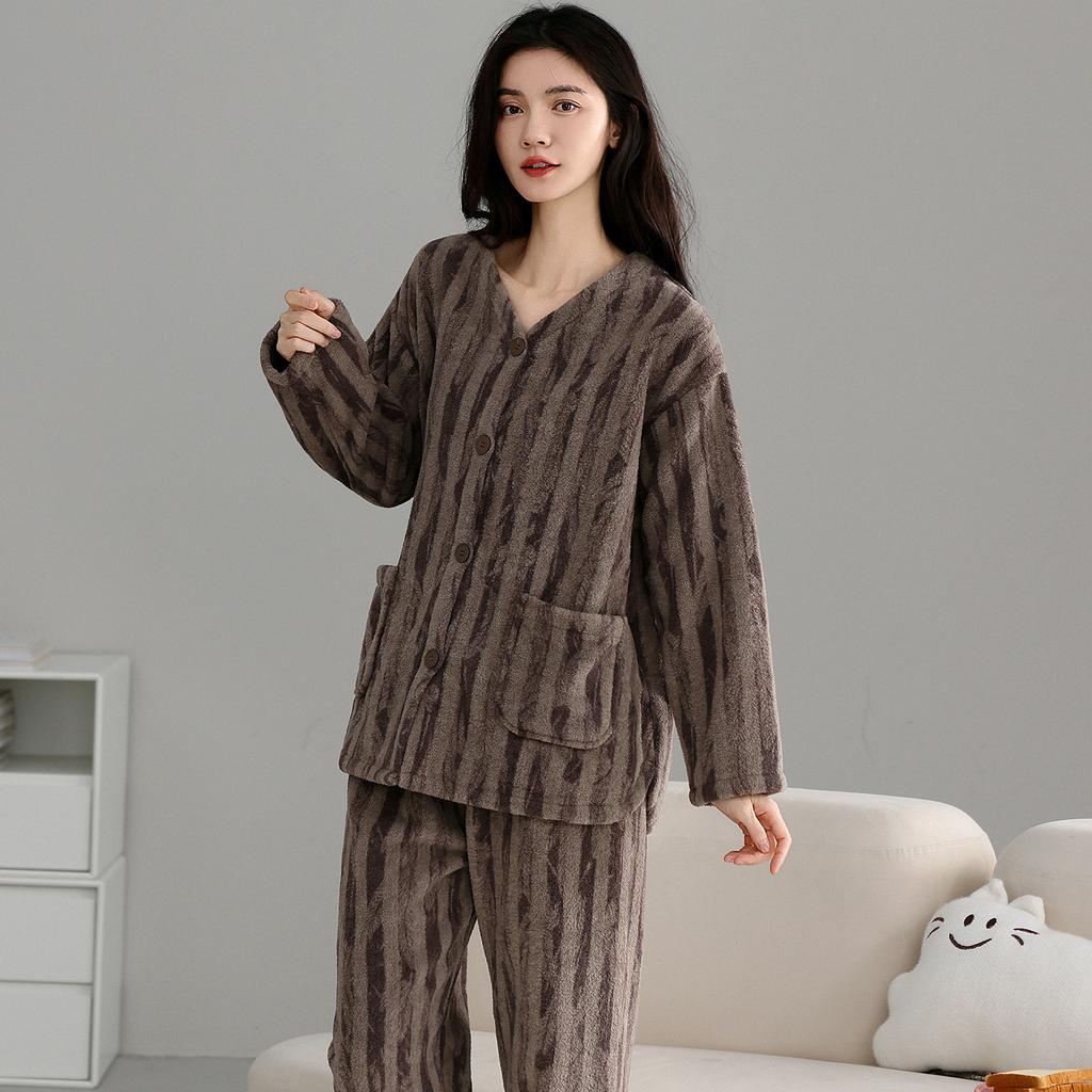 Coral Fleece Pajamas Women'S Autumn And Winter Long-Sleeved Flannel Fleece Thickened Warm Loungewear Set
