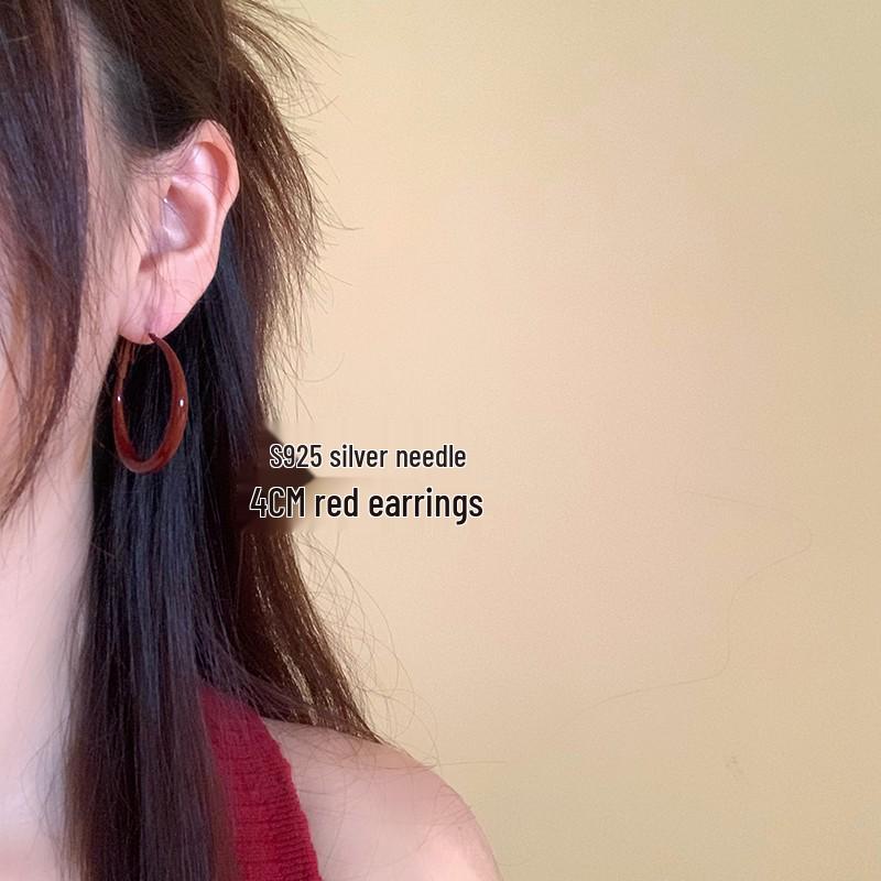 Elegant Retro Hong Kong Style Angora Red Hoop Earrings for Women