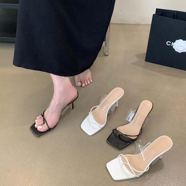 2025 Spring and Autumn New Sandals Women's Transparent Thin Heel Clip Toe Square Head Open Toe High Heels Niche Fairy High