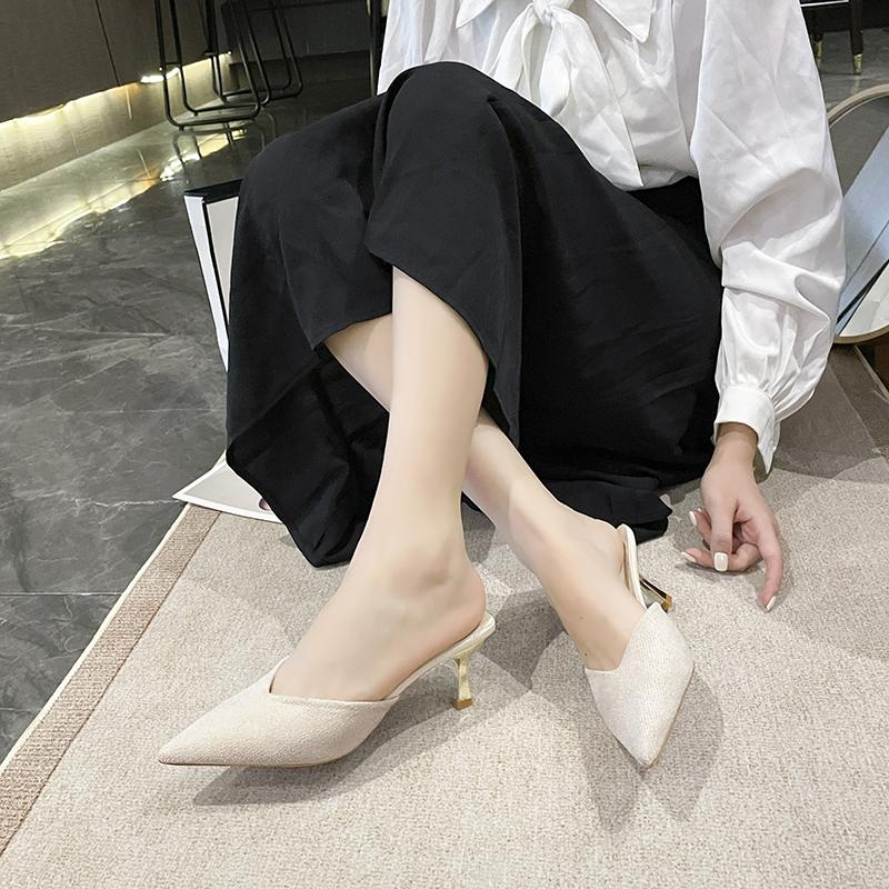 Classic Fashion Slippers for Women Slides Outside Thin High Heels Shoes for Women Solid Leather Flock Square Toe Summer Shoes