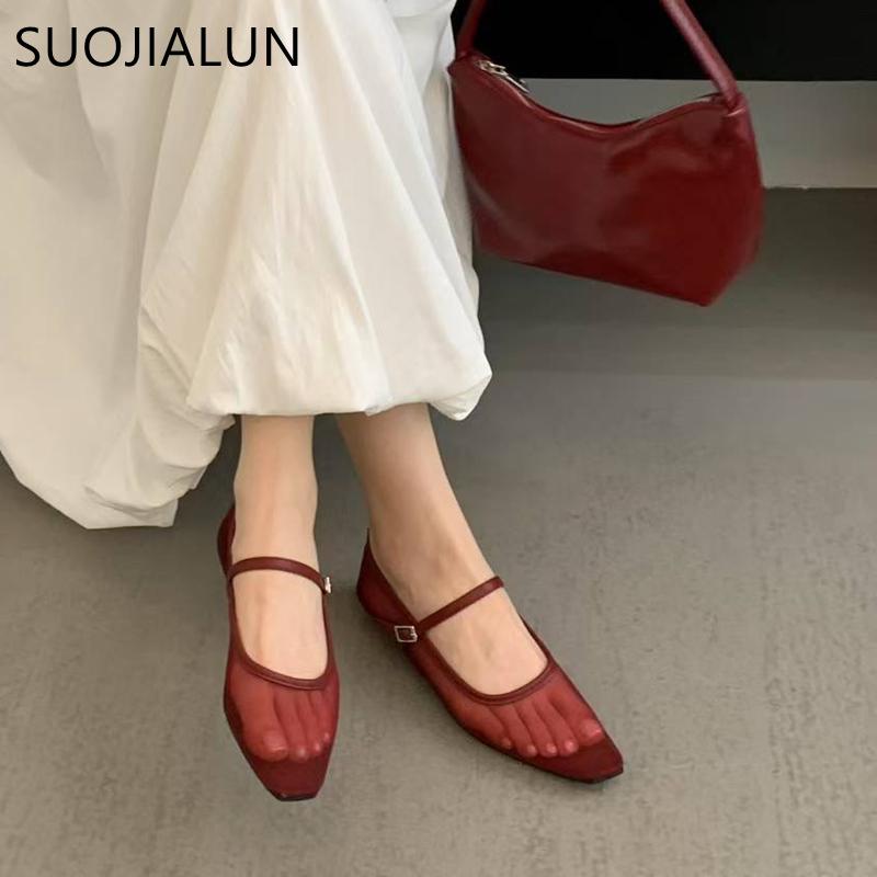 Fashion SUOJIALUN 2025 Autumn Women Red Flat Shoes Fashion Mesh Square Toe Shallow Mary Jane BalletShoes Outdoor Soft Dress Single Shoe