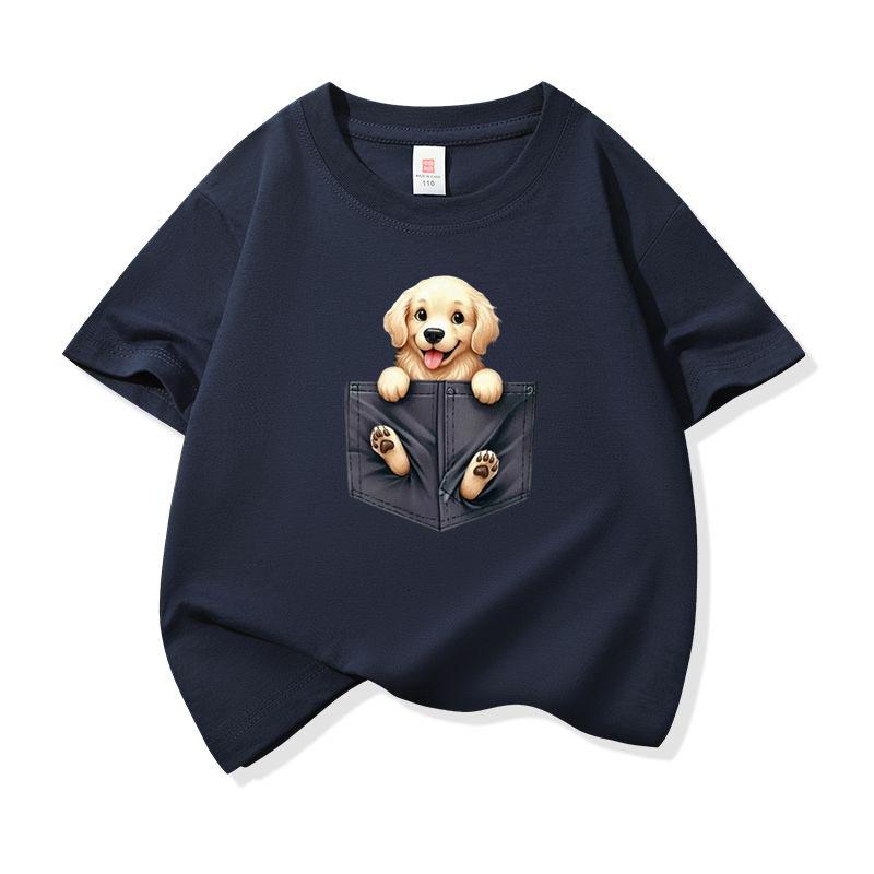 Kids Cotton T Shirt Lovely Pocket Golden Retriever Puppy Dog Print Crew Neck Short Sleeve Tee Breathable Boys Girls Summer Tops