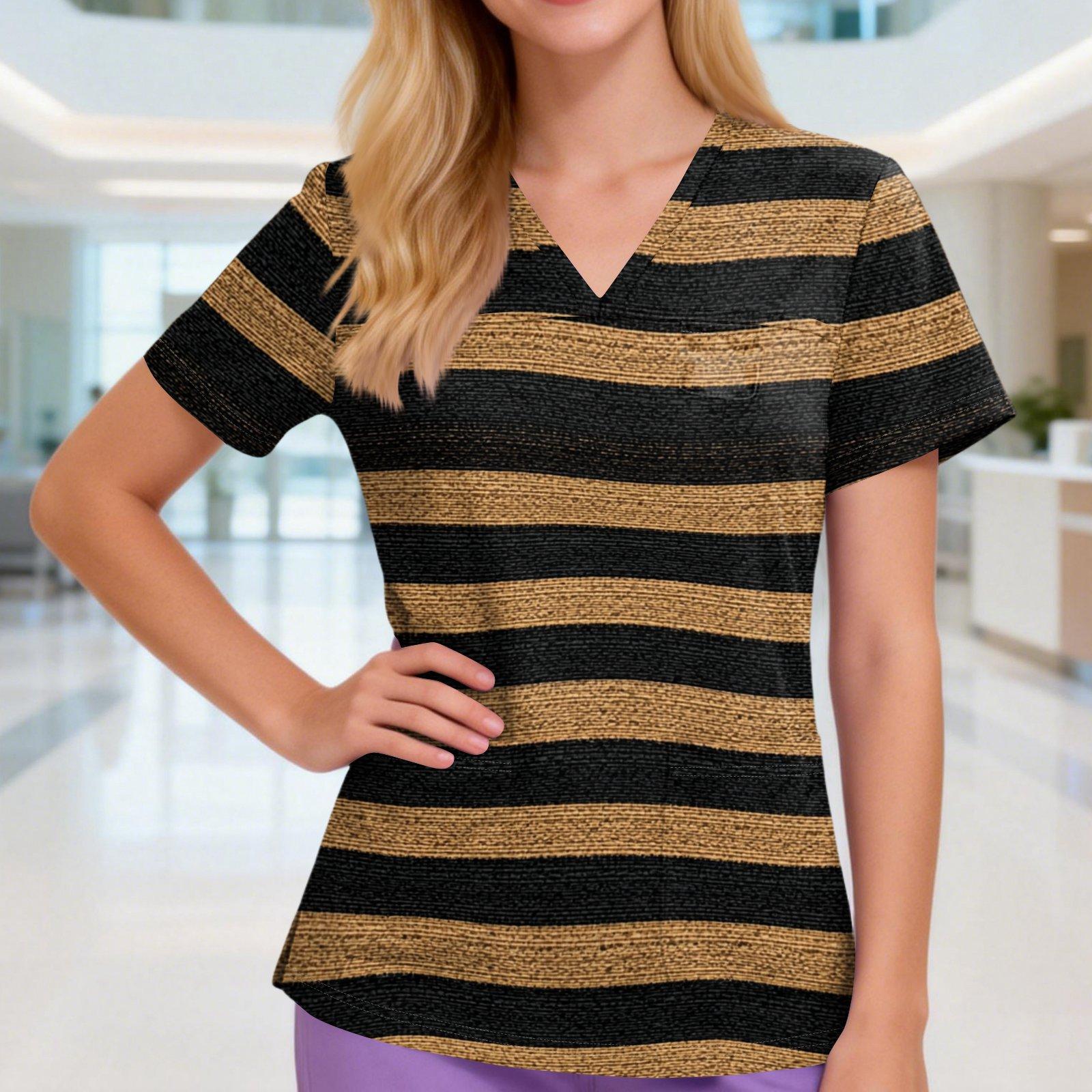 

Women s V-neck Three-pocket Short-sleeved Striped Printed Uniform/caregiver Top With Slits At The Hem XXXL жовтий