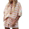 Striped Knit Collar Shirt Shorts Set Stripes Knitted Lapel Shirt Shorts Suit