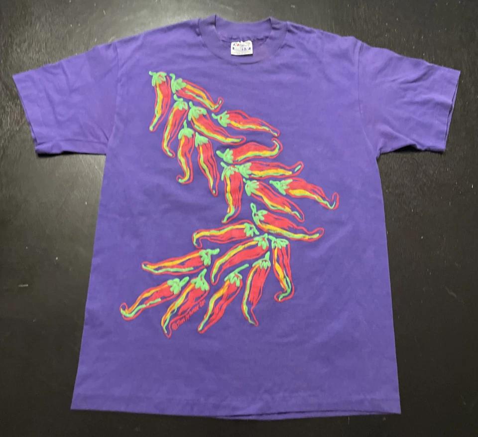 

Vintage Taos Artwear Chili Pepper Art T-Shirt, Purple, Puff Print, Size: Medium 2XL
