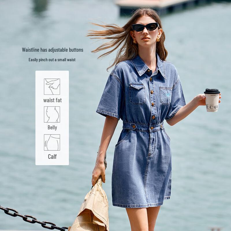 

Olrain Women s Slimming A-Line Short Sleeve Denim Dress M