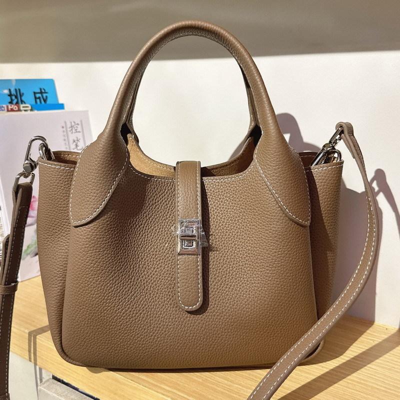 New first-layer cowhide leather high-end bucket bag vegetable basket bag single shoulder crossbody handbag women's bag