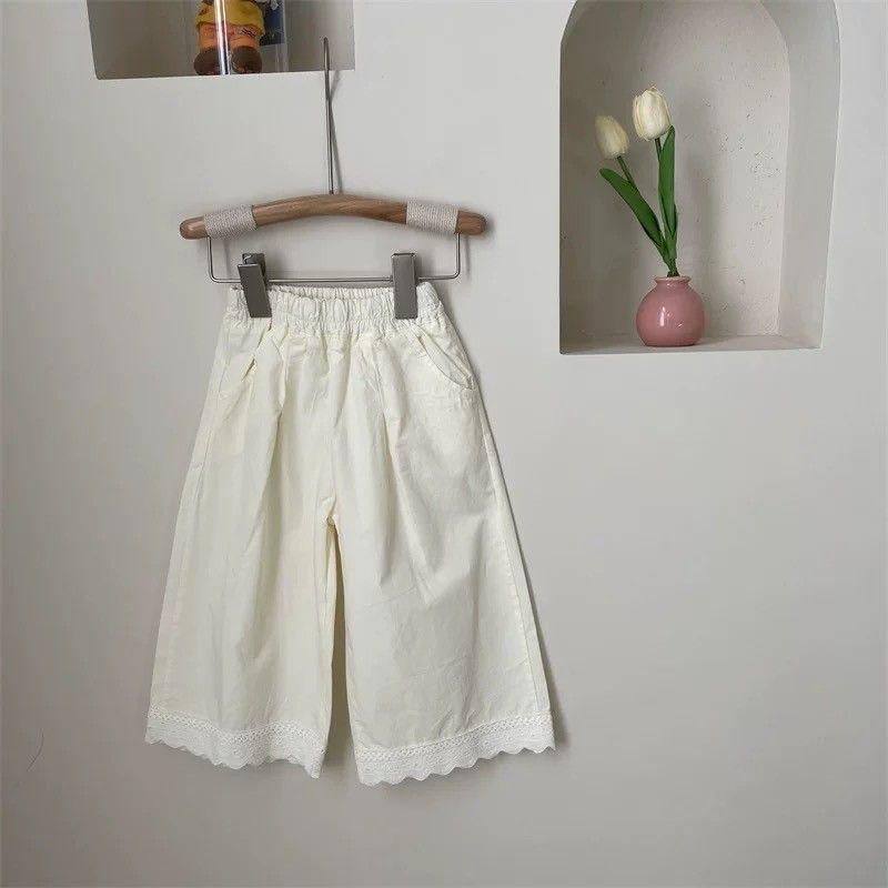 

Korean Style Girls Lace Patchwork Wide Leg Trousers, Spring Fashion, Versatile Straight Leg Pants 90 грязно-белый