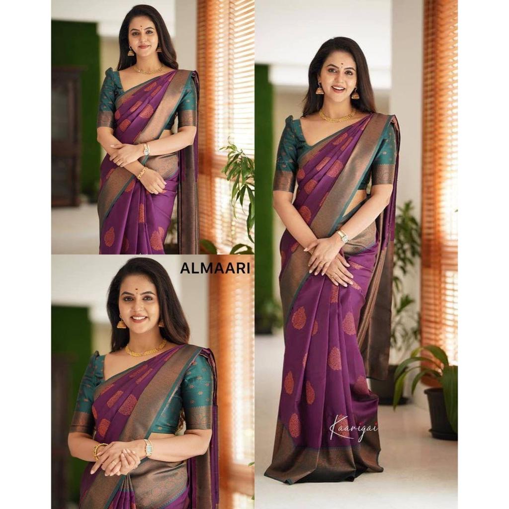 Silk Saree from the ALMAARI Store Is Adorned with Beautiful Zari Work In Form of Traditional Motifs.