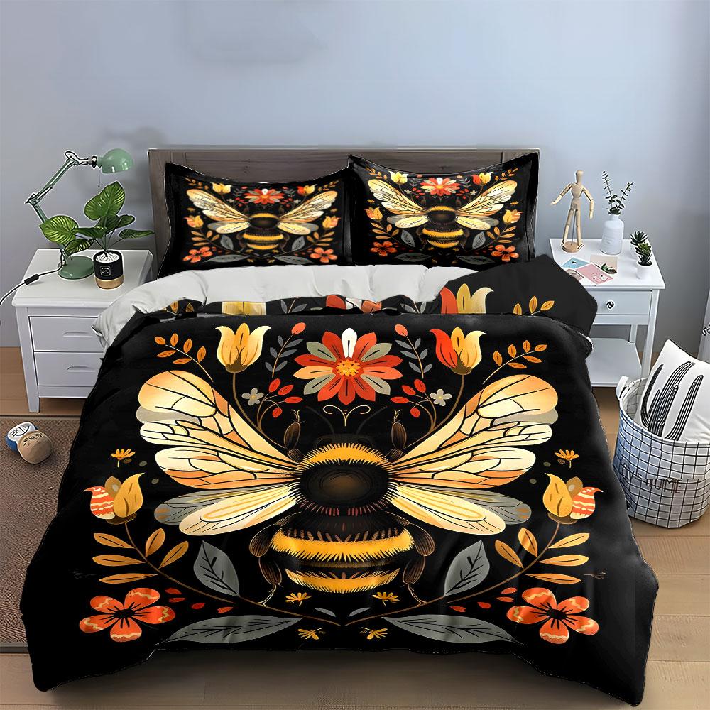 Golden Bee Floral Design Bedding Duvet Cover Set  (1*Duvet Cover 2*Pillowcases, Without Duvet Insert)