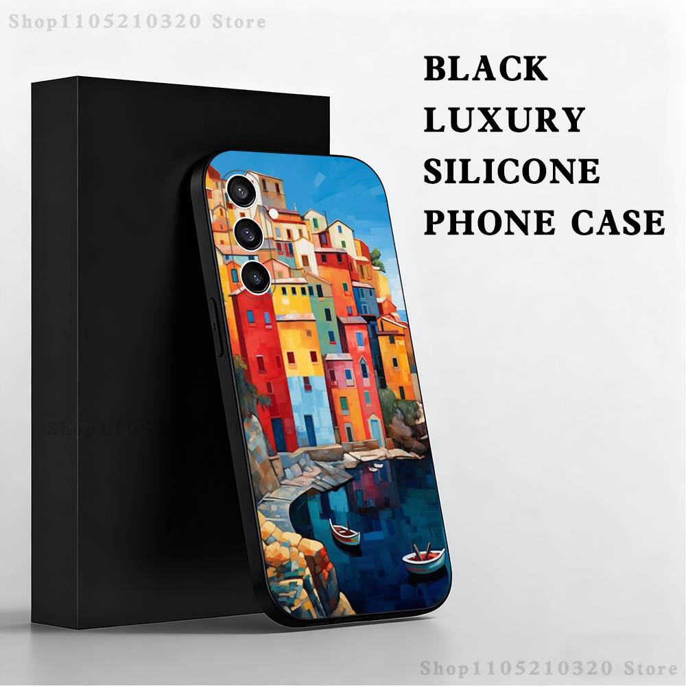 Stylized Houses Painting Phone Case For Samsung S 25,24,23,22,30,21,10,9,Ultra,Plus,Lite,FE,4,5 G Black Soft Case