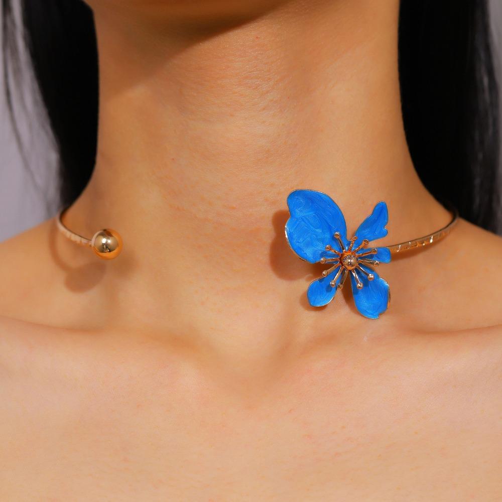 Enamel Flower Choker Necklace Metal Women Link Chain Fashion Neck Jewelry  Beach Party Vacation синий