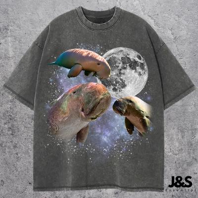 Three Dugong Retro Graphic T-shirts, Funny Dugong Moon Tee, Sea Cow Lovers Shirt, Vintage Ocean Animal Top, Oversized Dugong Gift
