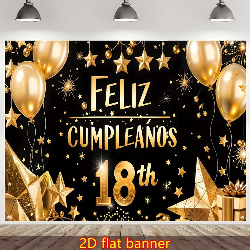 2D Black Gold Feliz Cumpleaños Backdrop for Spanish 18th Birthday Portrait Photoshoot