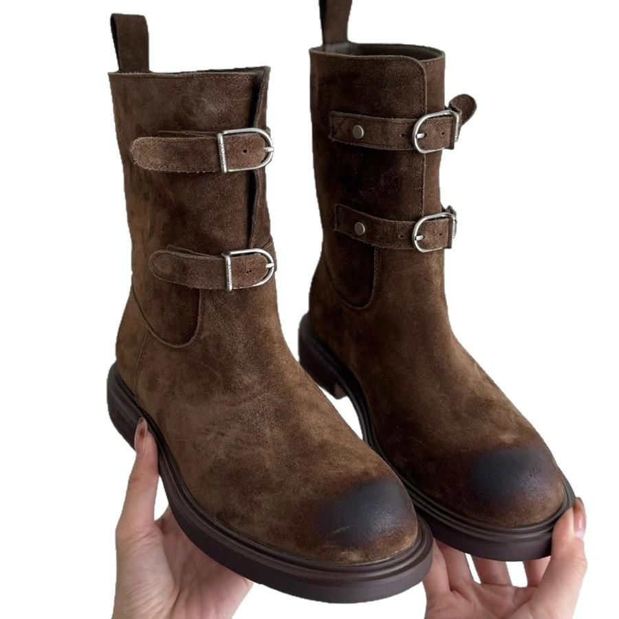 High quality~ retro polished belt buckle western cowboy boots slim short boots women's Maillard Martin boots locomotive boots