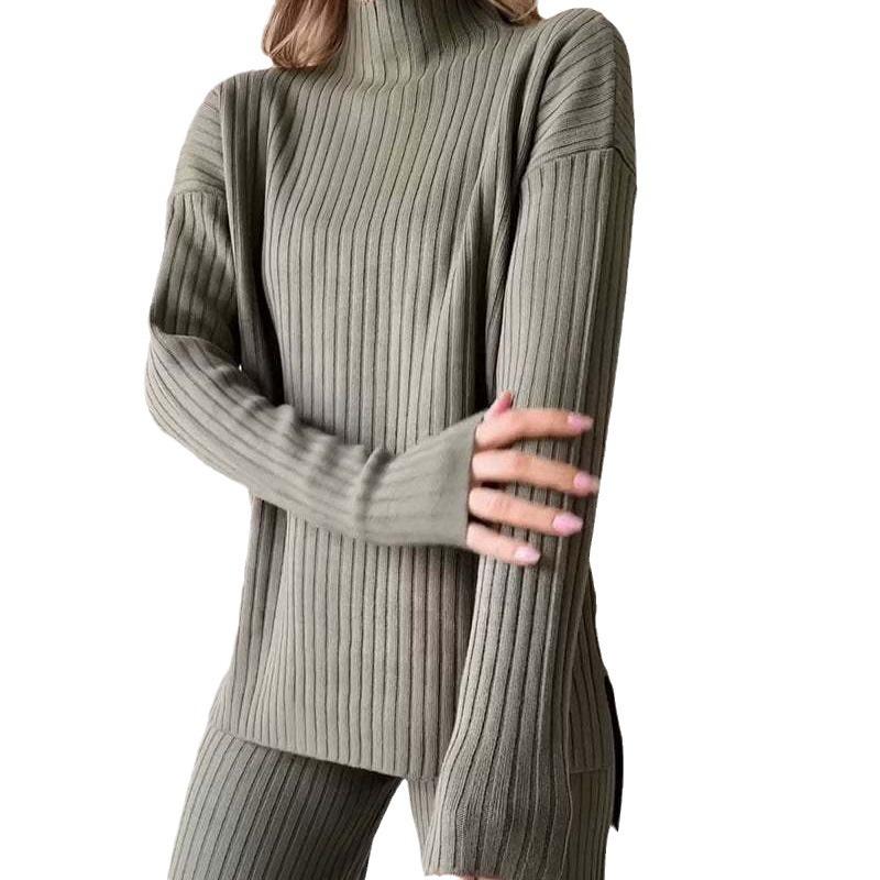 Women's High Neck Knit Top and Wide Leg Pants Set in Multiple Colors