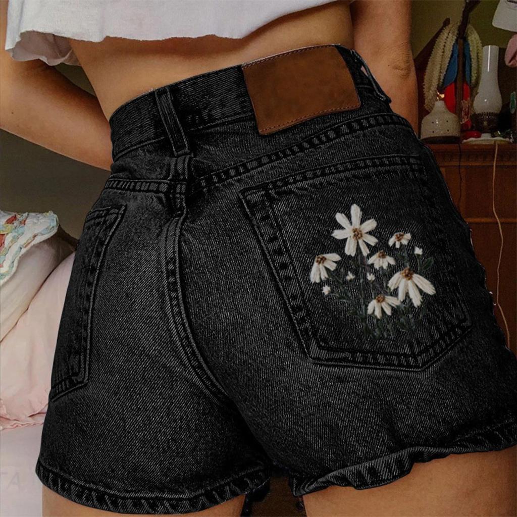 Damen, Jeansshorts, Stickerei, Vielseitig, Jeans, Freizeit, Damenbekleidung