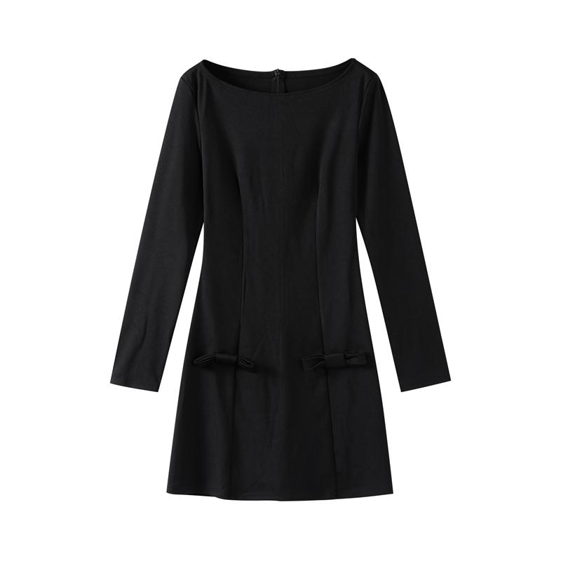 

Женское элегантное модное мини-платье с бантом и высокой талией, осеннее облегающее однотонное вечернее платье А-силуэта с длинным рукавом и круглым вырезом M чёрный