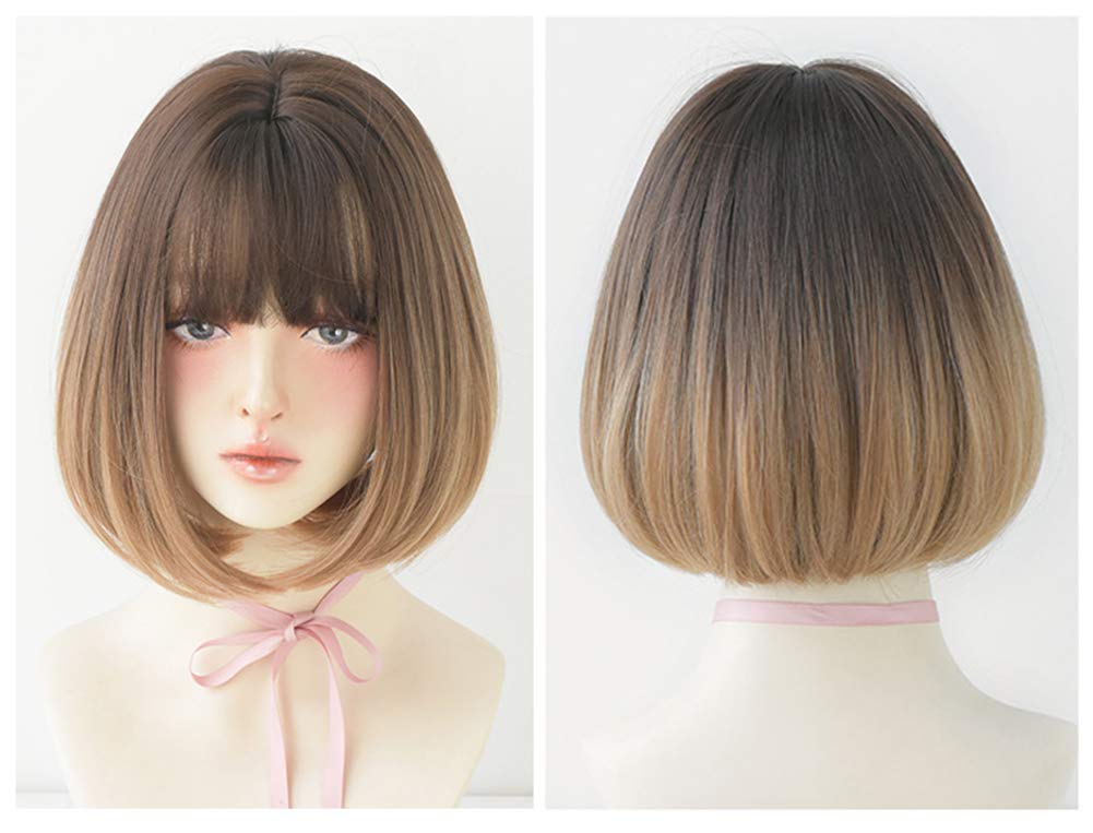 Perruque complète, perruque dégradée, bob en maille, coupe nette, courte, dégradé 3D, coiffure, nuque, bob, boucles (thé au lait dégradé brun café)
