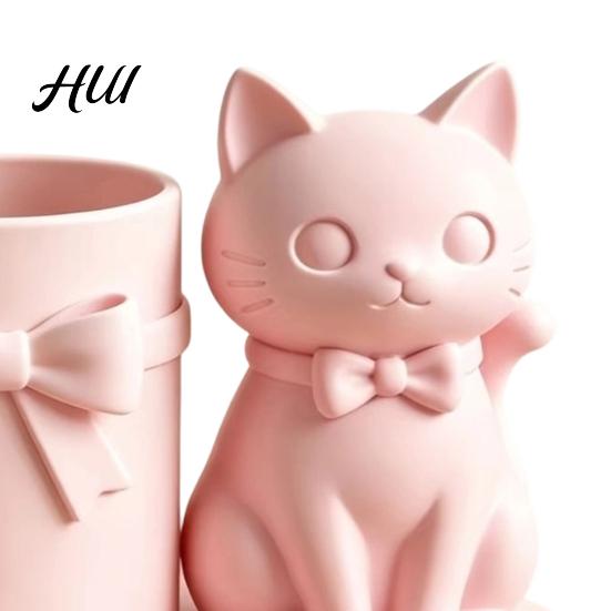 Cat Pen Holder Holder, Cute Kitty Desk Organizer with Pens, Pencils, Makeup Healing Ornament Cup Brushes, 3D Printed Sculpture for Home Office