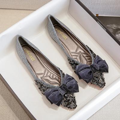 Fashion Women Bow Rhinestone Point Casual Shoes Women Flats Designer New Dress Walking Shoes Autumn New Trend Shallow Zapatillas Mujer