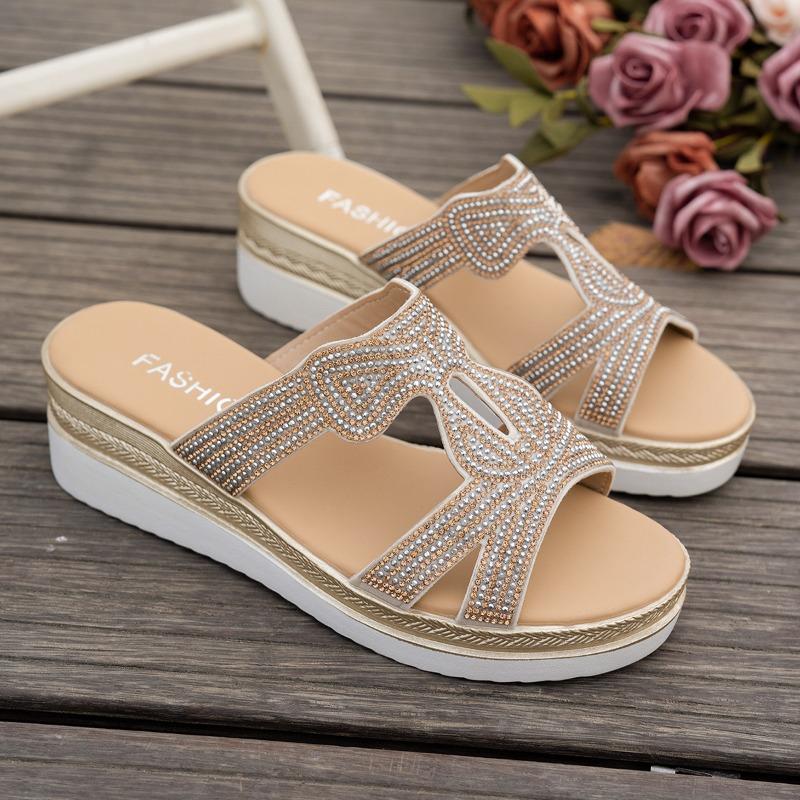 Women Platform Slippers Rhinestone Wedge Slippers 2025Summer New Casual Slippers for Women Outdoor Non Slip Beach Slides