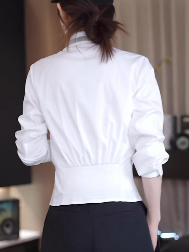 Women's 2025 Autumn White French Shirt: Elegant, Slimming, Waist-Cinching, Casual Stand-Up Collar Top