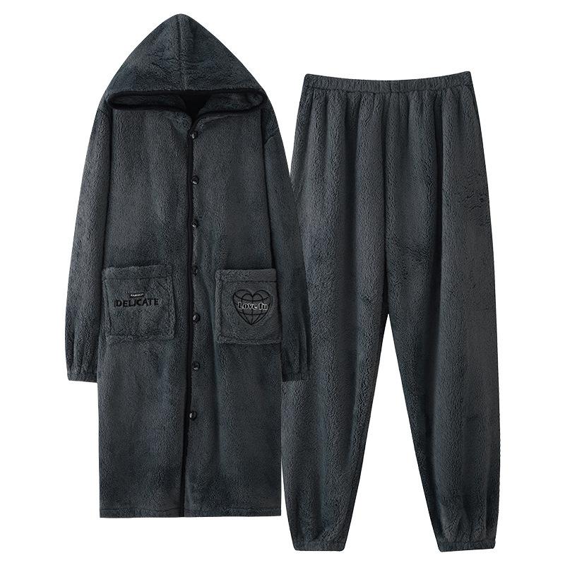 Nightgown Men's Autumn and Winter Coral Fleece Suit Pajamas Winter Hooded Thickened Fleece Flannel Loungewear Warm