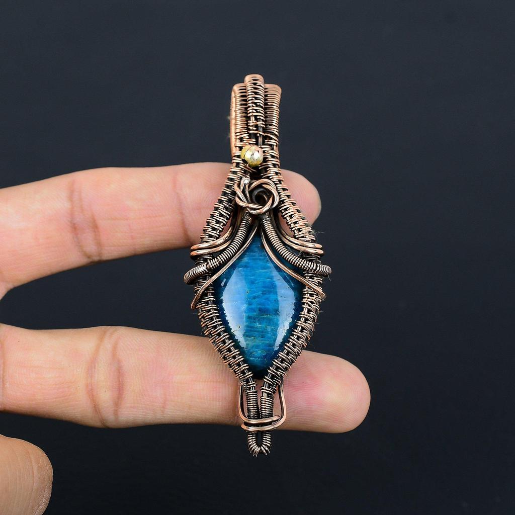 Neon Blue Apatite Gemstone Pendant 999 Copper Wire Wrapped Jewelry, Handmade Antique Pendant Jewelry, Gift For Mother
