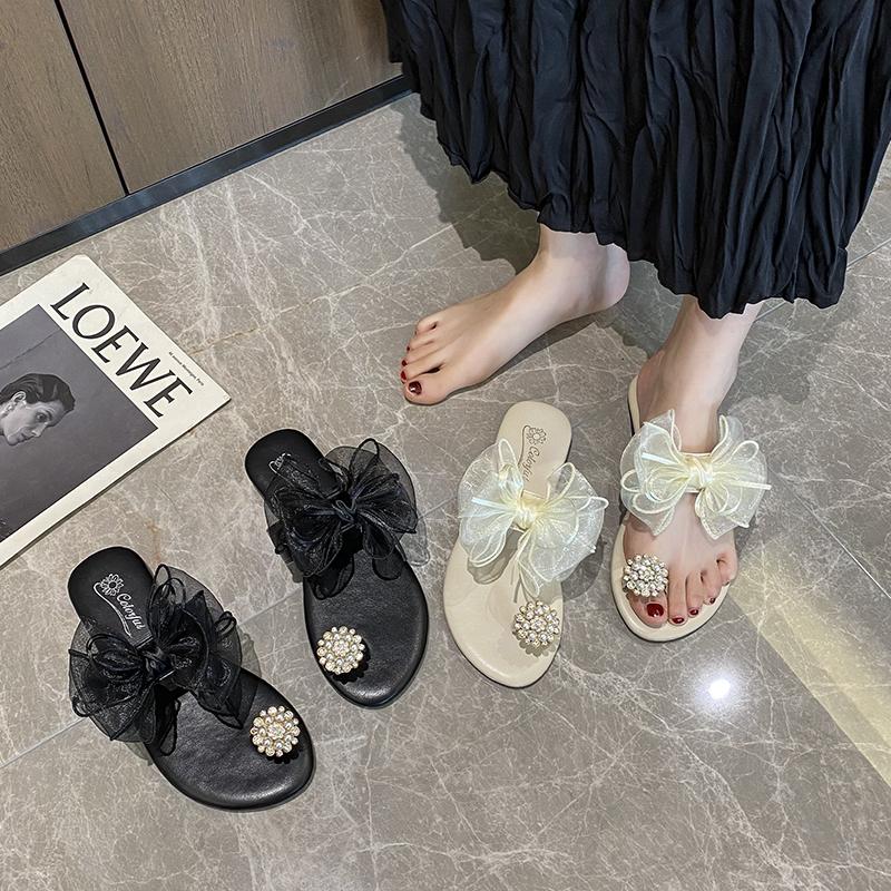 2025 New Fashionable Fairy Style Pearl Bowknot Sandals Women's Outdoor Beige Slip-On Slippers Korean Version Rubber Sole Shoes