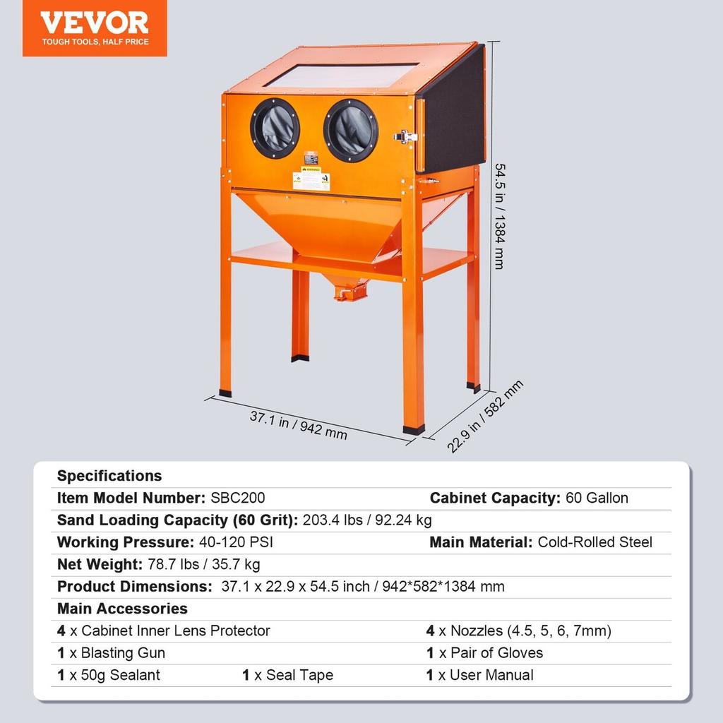 60 Gallon Sand Blasting Cabinet with Stand with Blasting Gun & 4 Nozzles