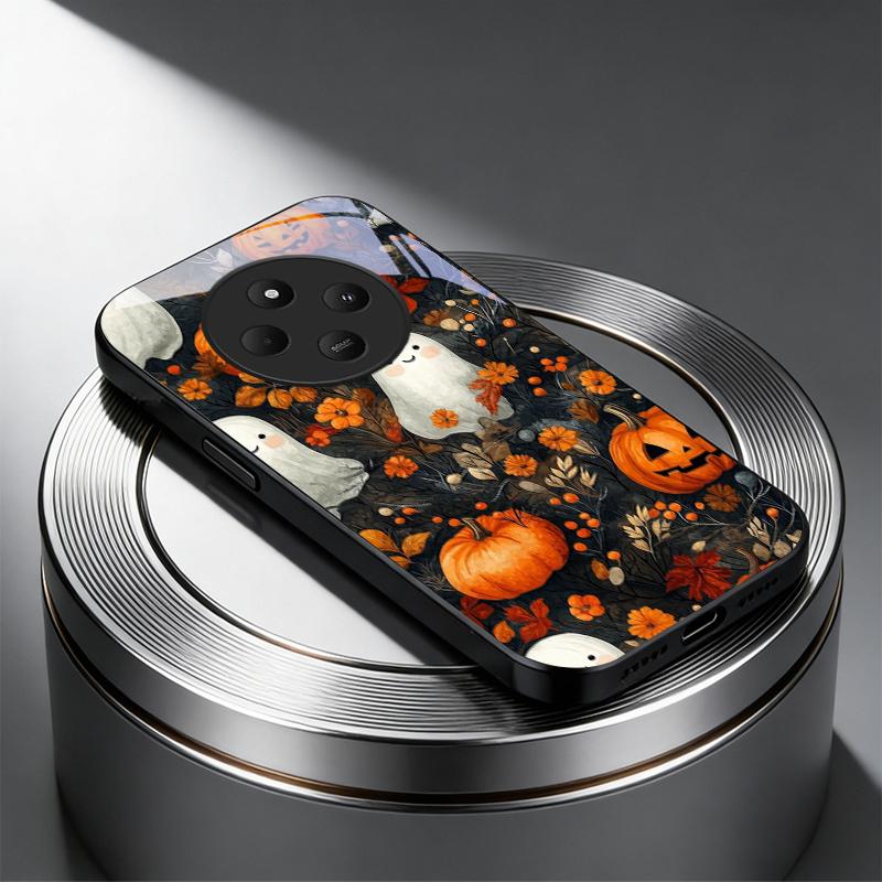 Ghost Pumpkin Halloween Black Glass Phone Case For Redmi Note 14 Pro+ 13 Pro 8 9S 12S 10 Pro 11 13C 14C 12 13 8T A3 Black Cover