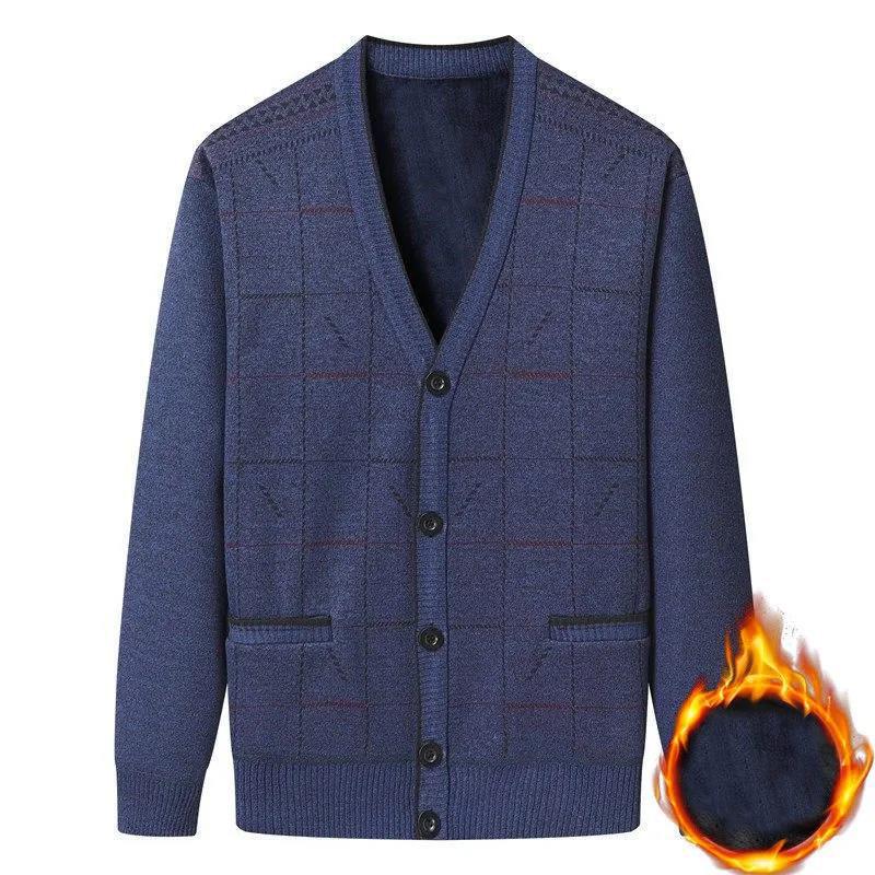 

Чоловічий кардиган з V-подібним вирізом Осінньо-зимовий Плюс Оксамитовий Товстий Теплий Светр Однотонний На Ґудзиках Топ М який Повсякденний Светр-Жакет для Чоловіків Середнього та Похилого Віку 3XL синій