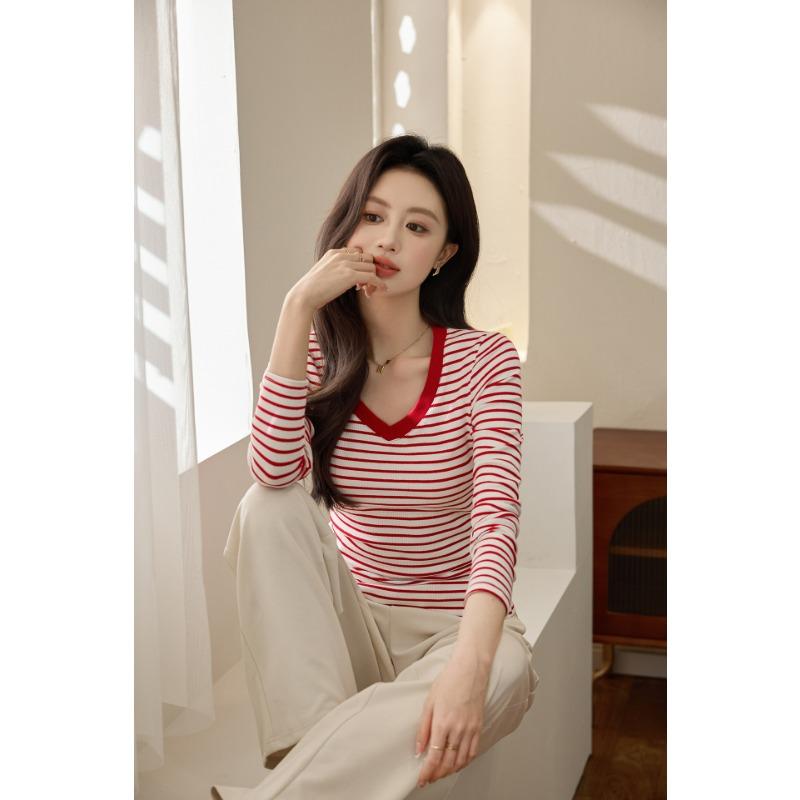 Women S V Neck Striped Long Sleeve Slim Fit T Shirt