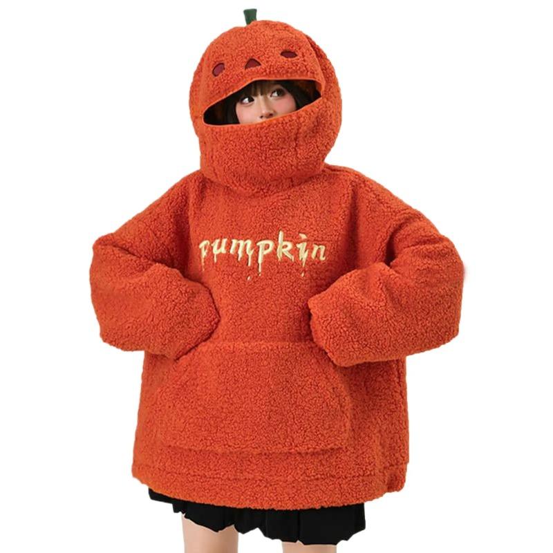 Women Round Neck Lamb Plush Halloween Decorated Hoodie Cute Pumpkin Shaped Embroidery Pellet Fleece Sweatshirt