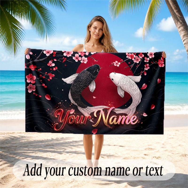 Koi Fish Theme Beach Towel Personalized Custom Name & Text Soft Quick Dry Beach Towel for Swimming Travel