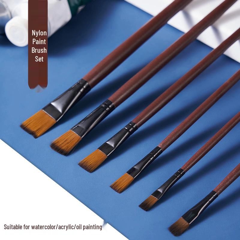Nylon Bristle 6-Piece Paintbrush Set for Beginners - Oil & Watercolor, Large Flat Brushes