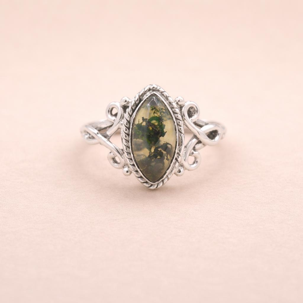 Green Moss Agate Ring Sterling Silver 925, Marquise Boho Ring, Natural Moss Agate Gemstone Ring, Handmade Minimalist Statement Jewelry 4 серебряный