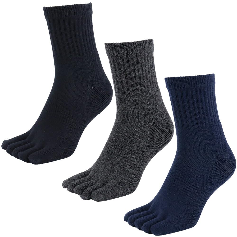 Asuka Thick Pile Half and Sizes 3 Pairs Five-Toe Socks, 100% Wool, Sole, Length, Men's Women's, 23-25cm,