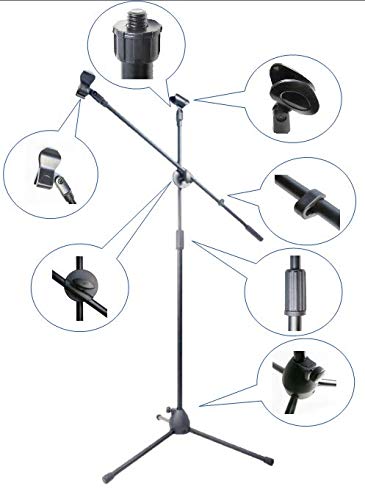 MBK Microphone Stand Boom Tripod Telescopic Adjustable 360° Foldable Black with 2 Microphone Holders for Meetings Speeches Broadcasting Karaoke